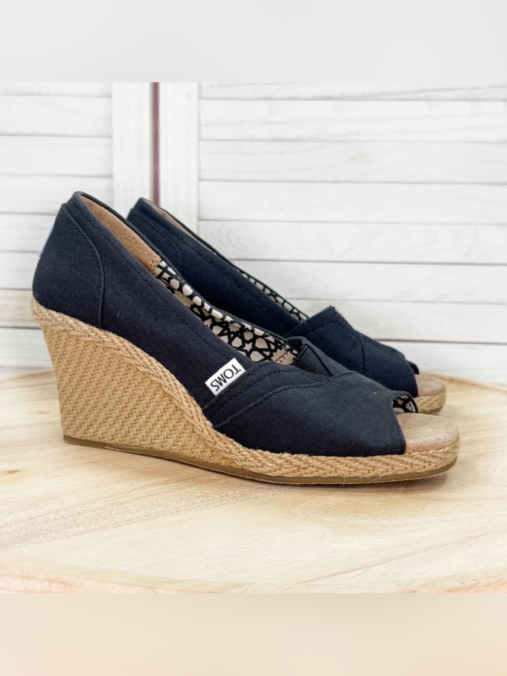 Toms Canvas Peep Toe Espadrille Wedges Black Tan Size 8.5 Preppy Boho Langenlook